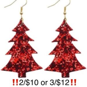 Christmas Tree Earrings Red Glitter Faux Leather Holiday Novelty Statement Drop